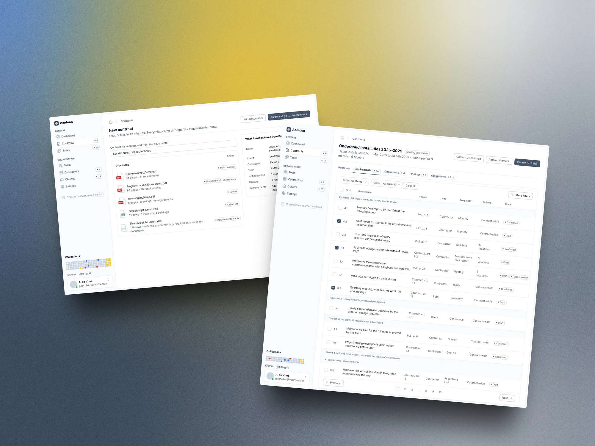 Result of reading a contract: five files processed, followed by the requirements register listing every requirement with its source and state