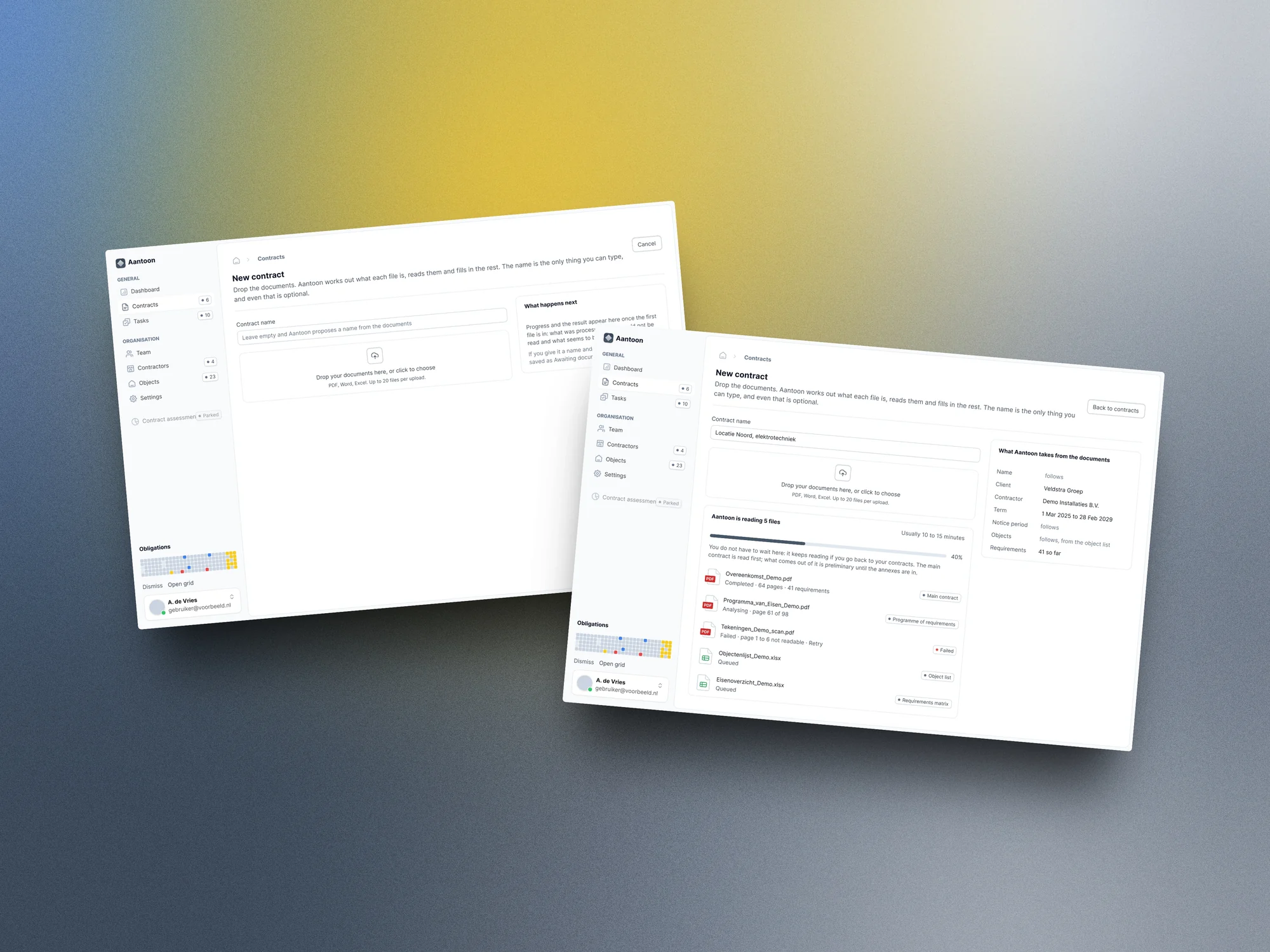 Create contract screen: contract files read one by one, an unreadable scan flagged, and the contract details filled in