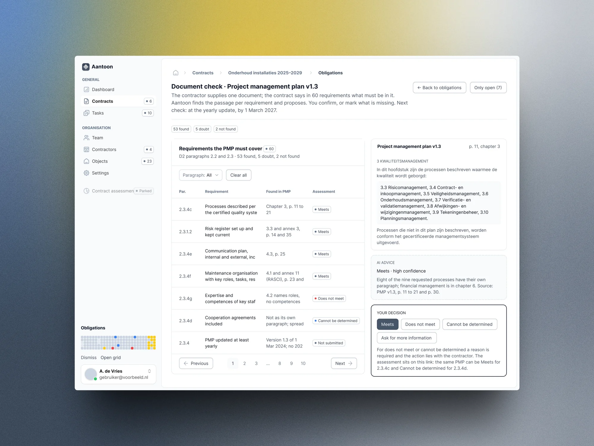 Document check: one plan checked against every requirement it must cover, with the matching passage, the AI advice and the decision