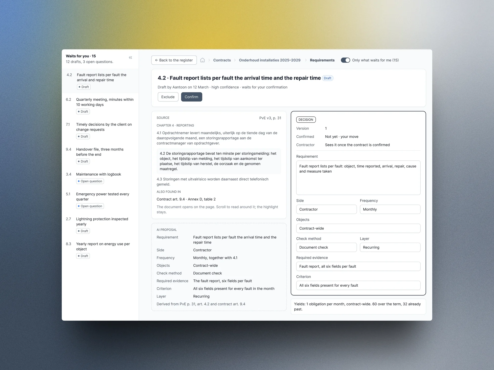 Requirement review: the source contract text, the AI proposal and the editable final requirement in three columns