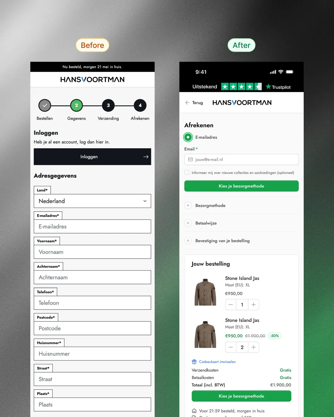 Before and after of checkout step 1. Old login wall and long address form versus the new single email field