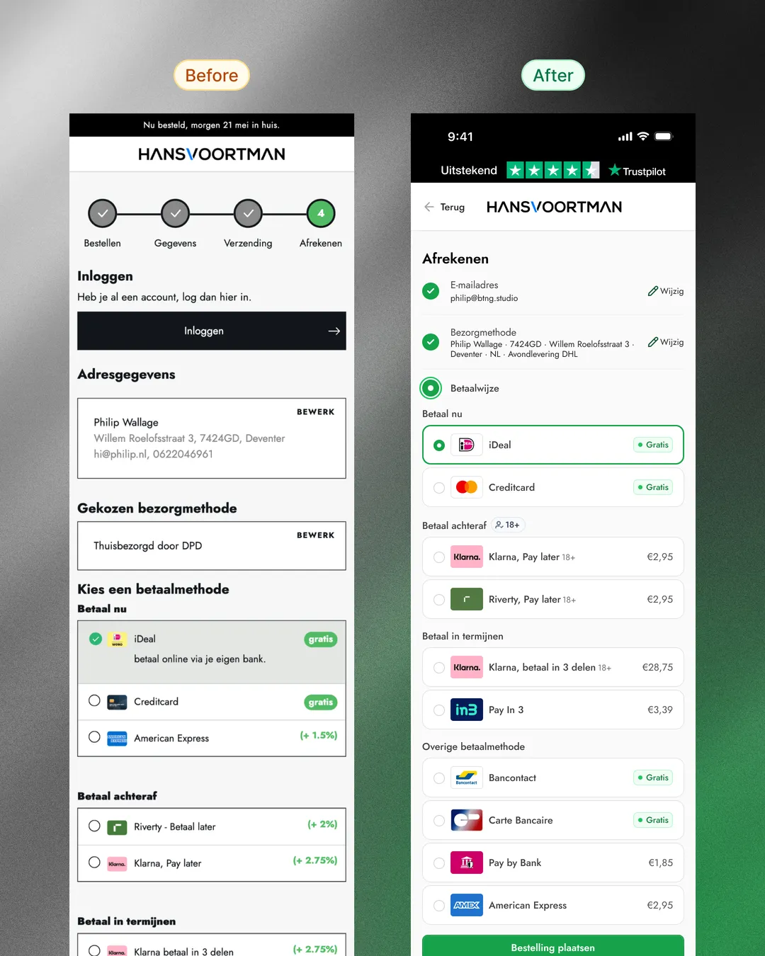 Before and after of checkout step 3. Old four-category payment list versus the regrouped three-group layout