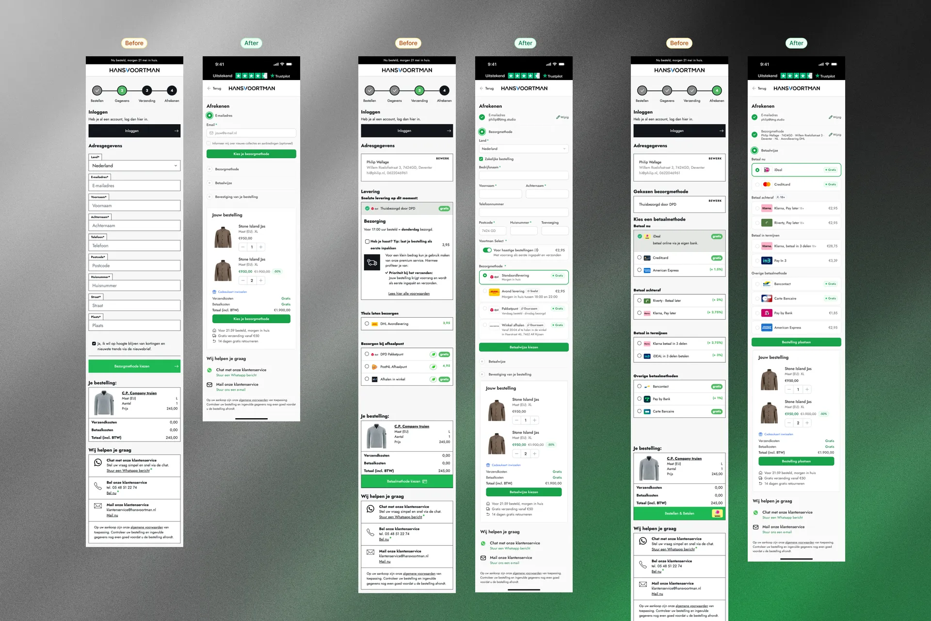Before and after comparison of the HansVoortman mobile checkout across all three redesigned steps. Email, delivery and payment