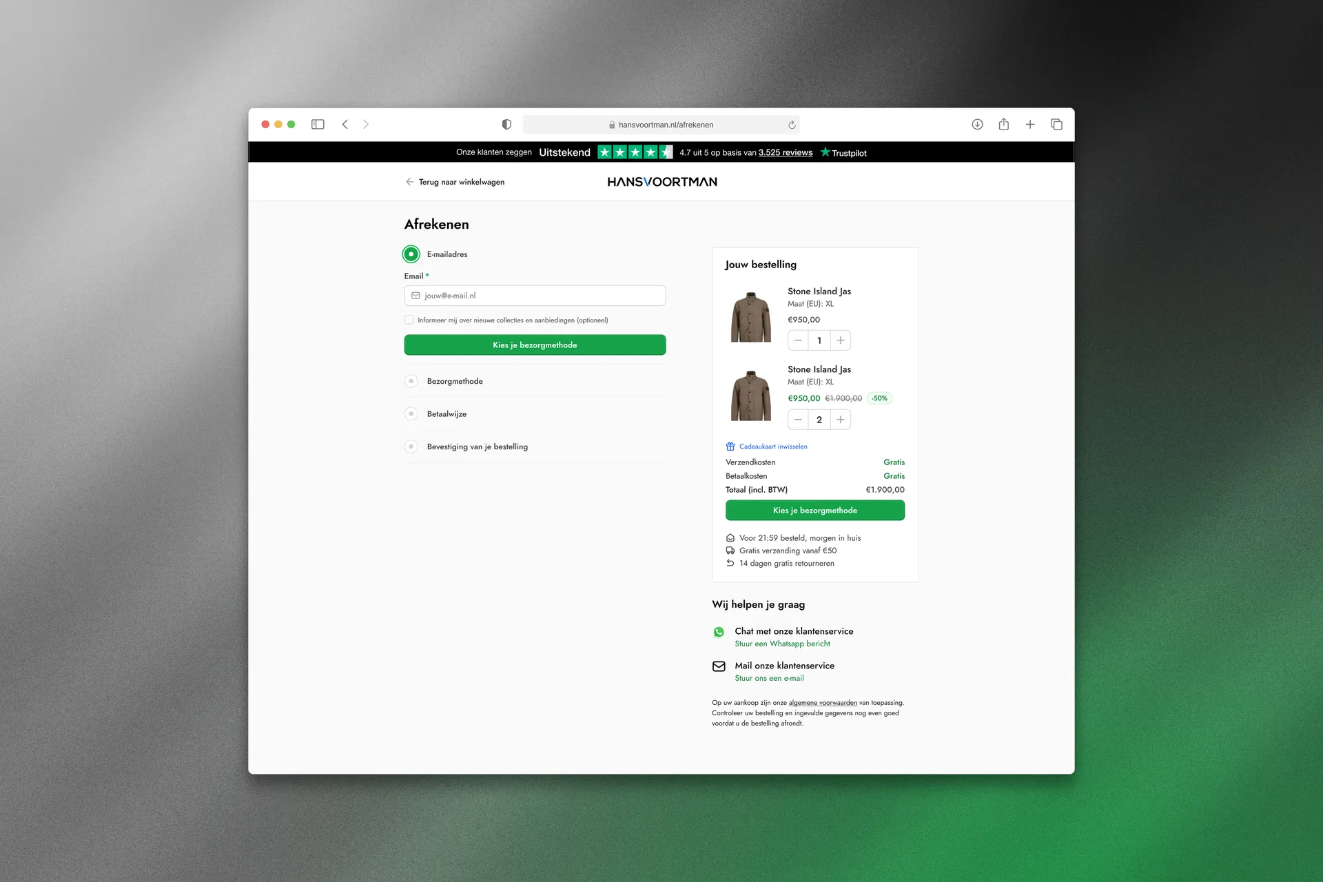 Redesigned checkout step 1 on desktop. A single email field with the order summary and free shipping shown upfront