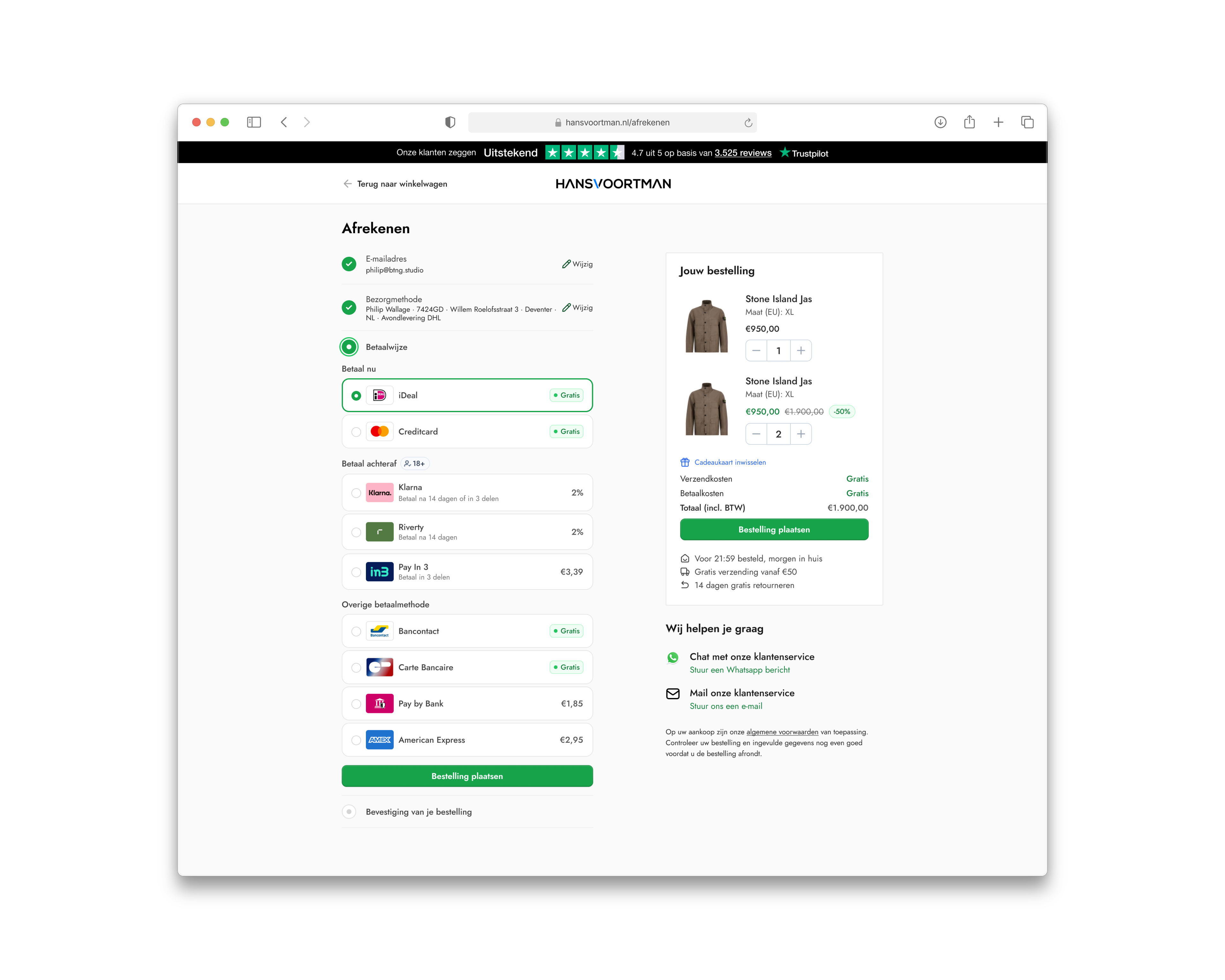 Checkout step 3 — payment methods grouped by type with surcharges upfront