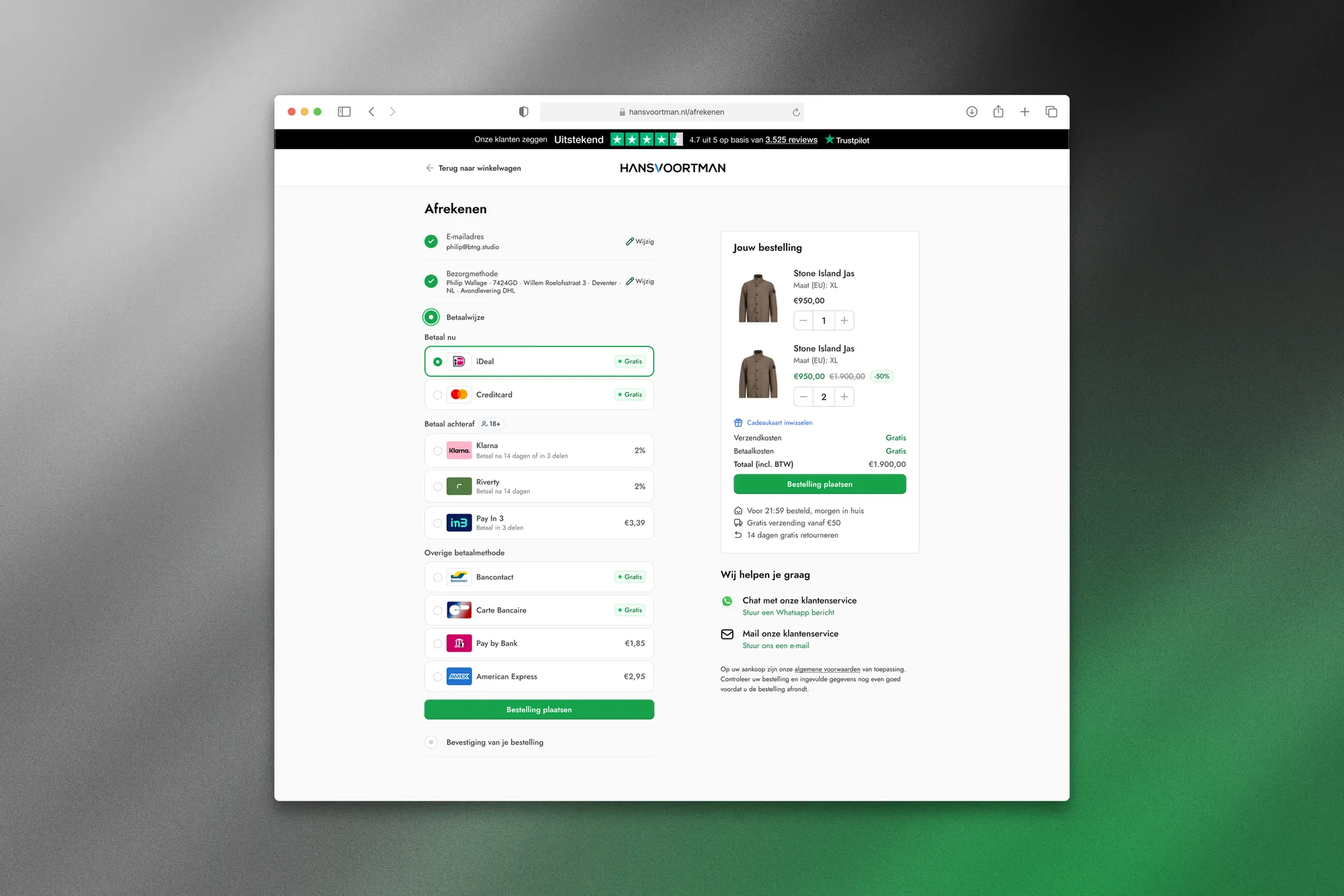 Redesigned checkout step 3 on desktop. Payment methods grouped into pay now, pay later and installments with surcharges shown upfront