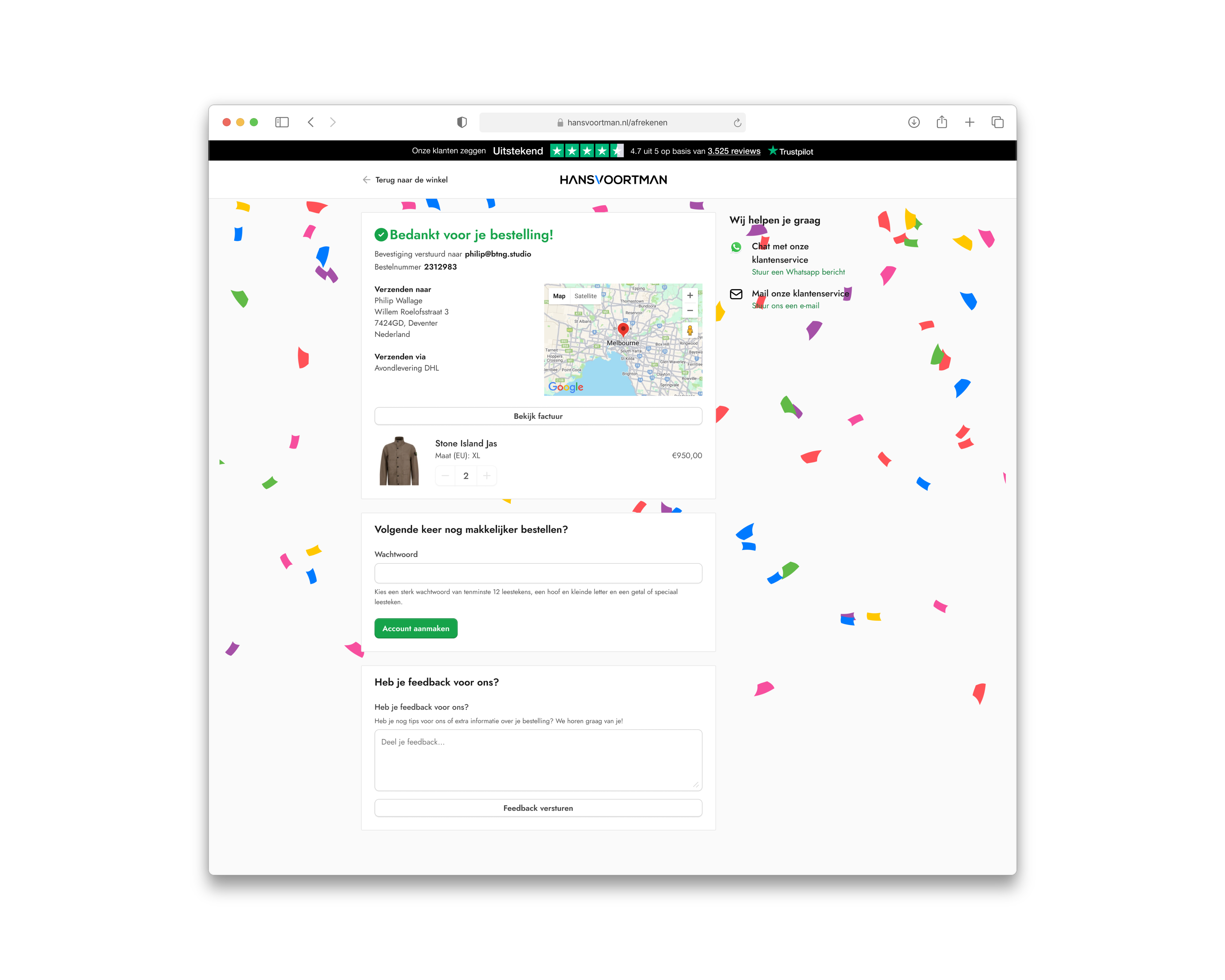 Checkout step 4 — order confirmation with one gentle account prompt