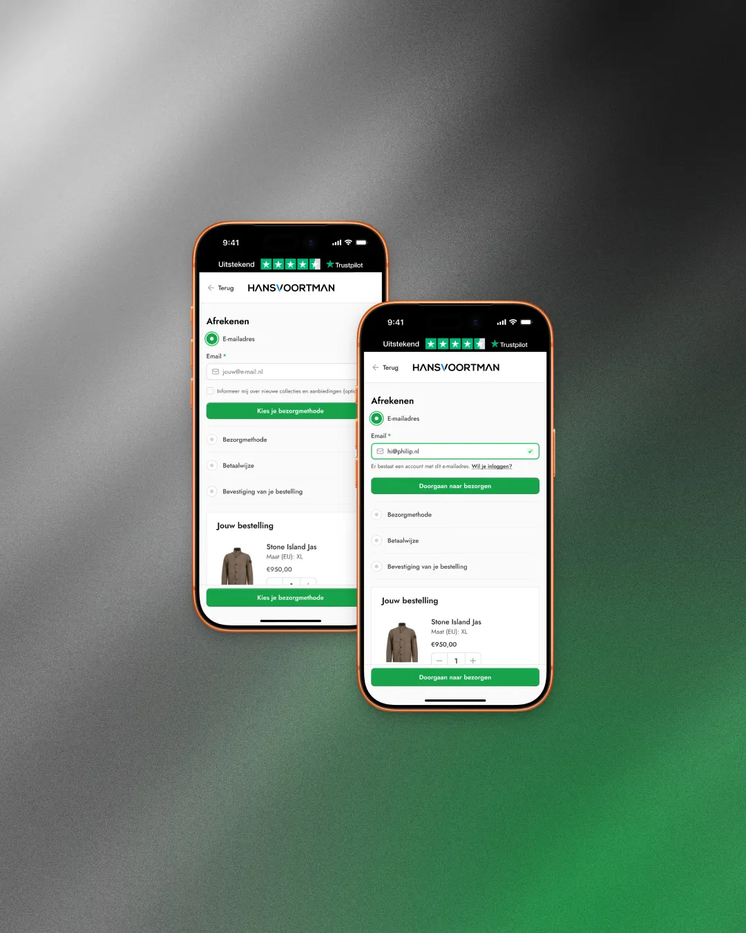 Mobile checkout step 1. Email entry, including the inline prompt shown when the email matches an existing account