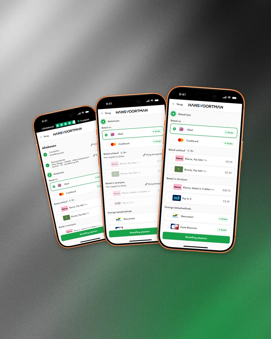 Mobile checkout step 3. Grouped payment methods with upfront surcharges and an 18+ indicator on buy-now-pay-later options