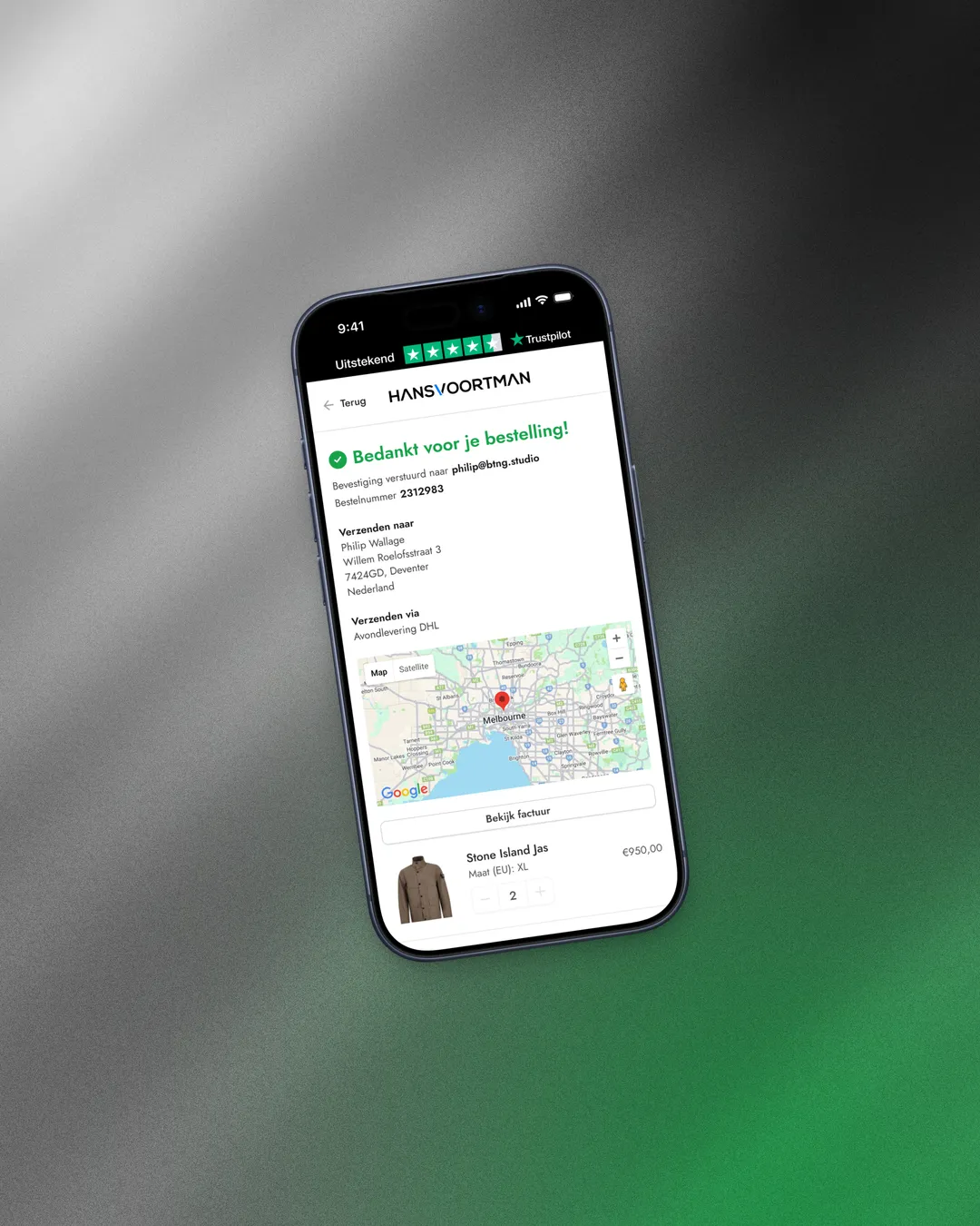 Mobile order confirmation. The full thank-you screen across the checkout flow