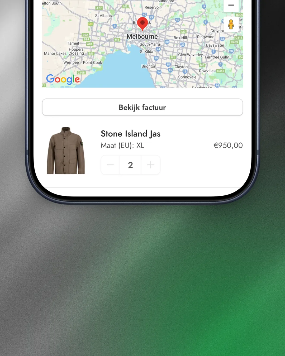 Close-up of the mobile thank-you page. Delivery map, invoice link and order item