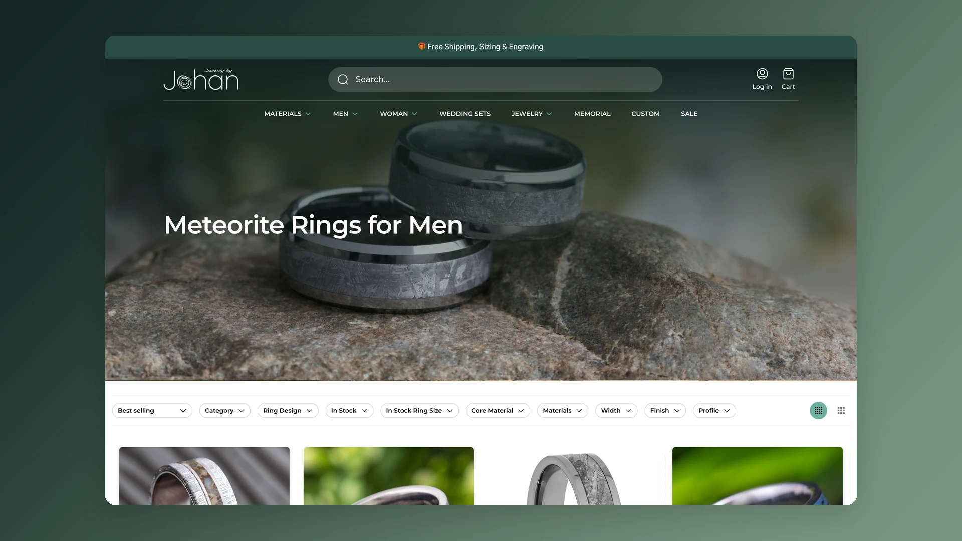 De nieuwe categoriepagina, Meteorite Rings for Men: de nieuwe header met zoeken en menu, een foto van twee ringen op een steen achter de titel, de filterrij en de eerste productfoto’s