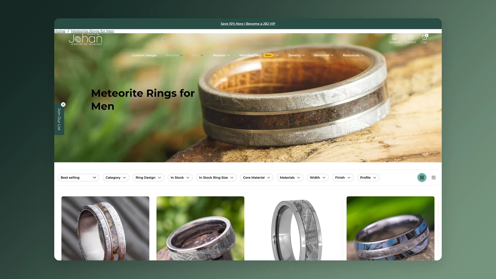 De oude categoriepagina, Meteorite Rings for Men: het menu over een foto van een ring op hout, een rij filterknoppen en de eerste productfoto’s