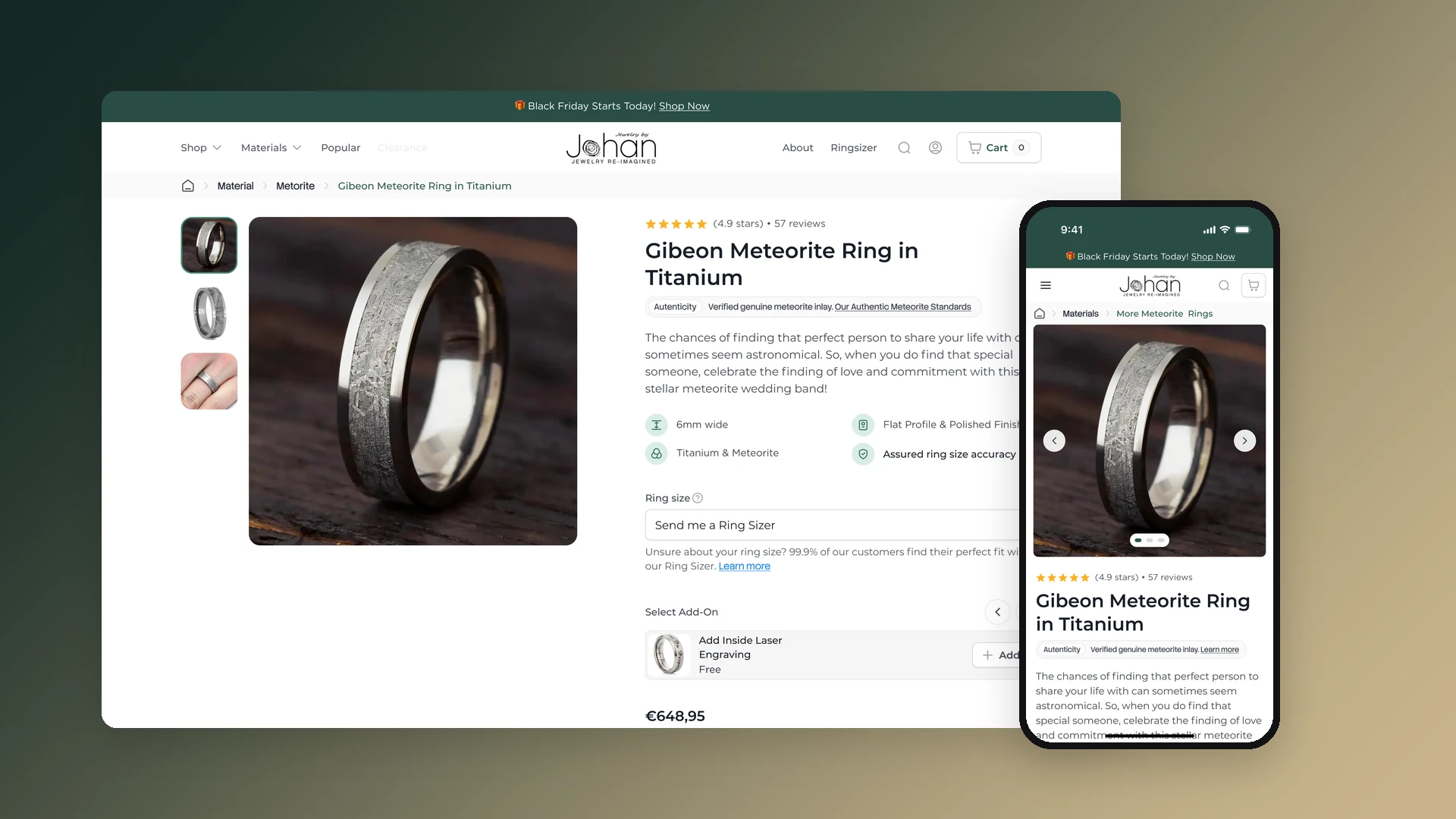 Productpagina van een Gibeon-meteorietring in titanium op een laptop en een telefoon: de foto van de ring, 4,9 sterren uit 57 reviews, een regel over de echte meteorietinleg, vier productkenmerken, de ringmaatkeuze op Send me a Ring Sizer en een gratis add-on voor lasergravure aan de binnenkant