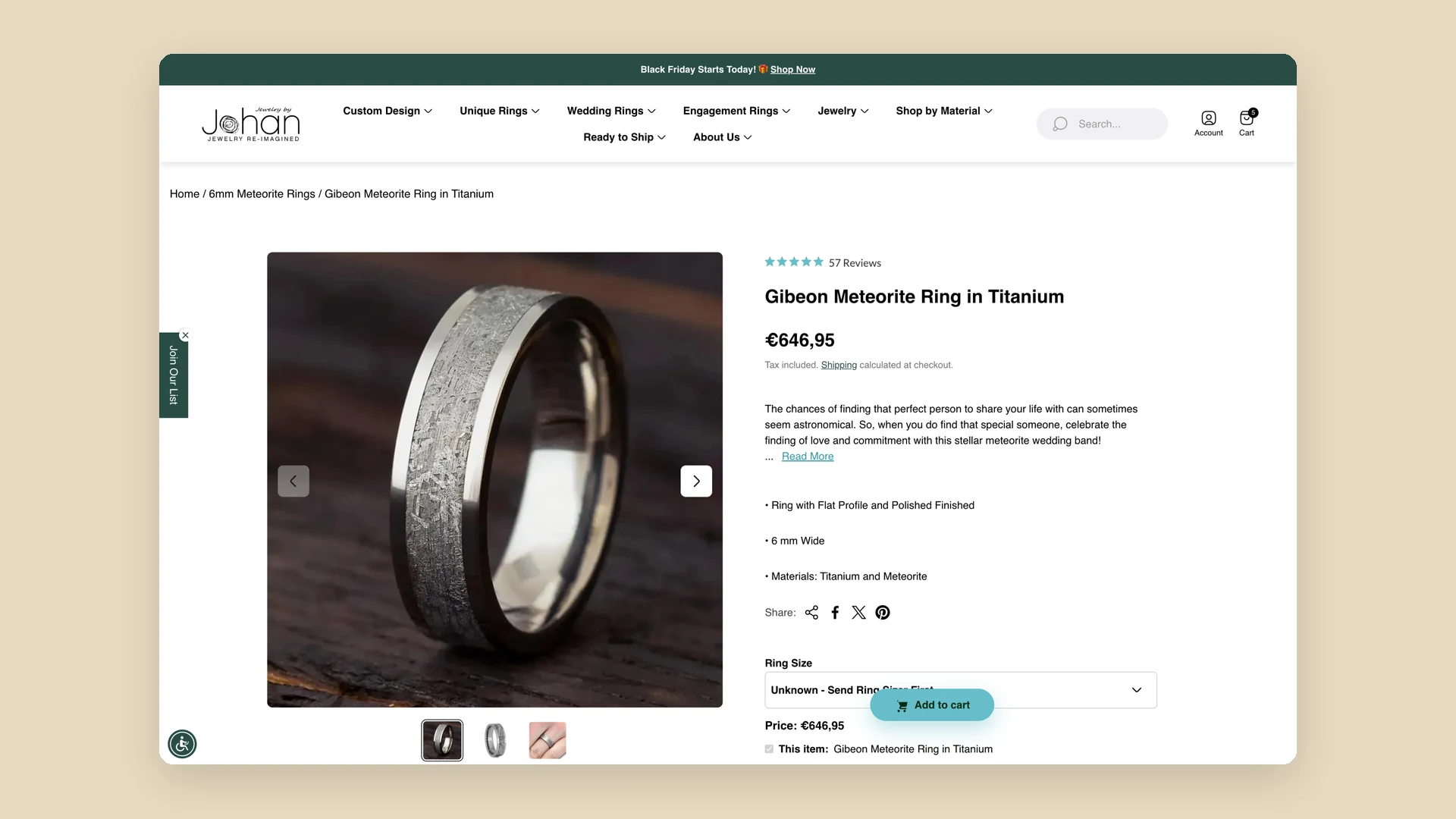 De oude productpagina van dezelfde meteorietring: een menu in twee rijen, de foto, prijs, beschrijving en opsommingstekens, met de ringmaatkeuze laag op de pagina en de knop voor de winkelwagen er zwevend overheen