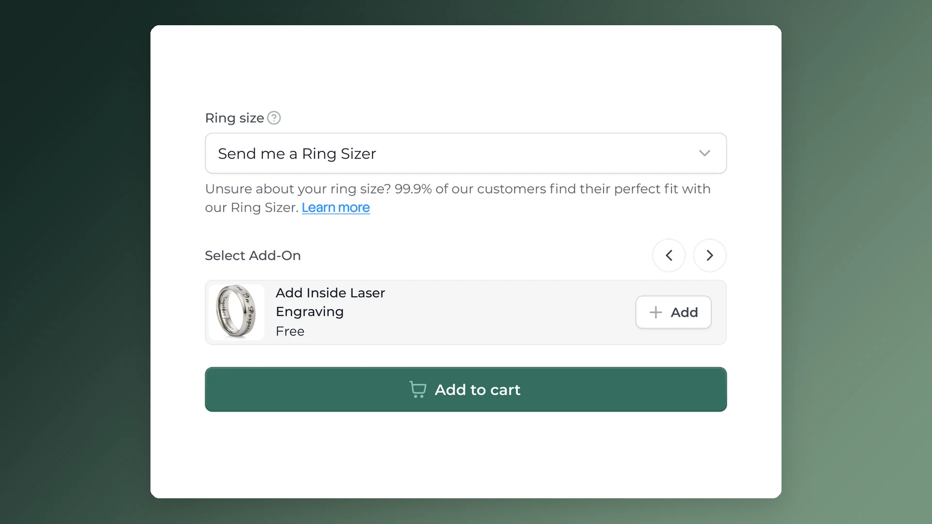 Detail van de productpagina: de keuzelijst Ring size op Send me a Ring Sizer, een regel over je maat vinden met de ringmaatmeter, de gratis add-on Add Inside Laser Engraving en de knop voor de winkelwagen