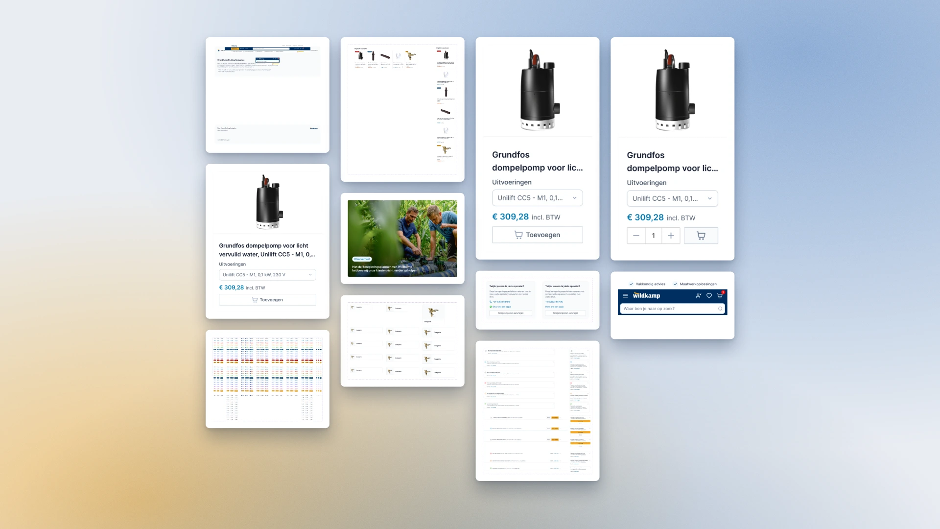 Wildkamp components: product cards with a variant picker, price and quantity, a table, a hero banner card, category lists and the mobile header with search