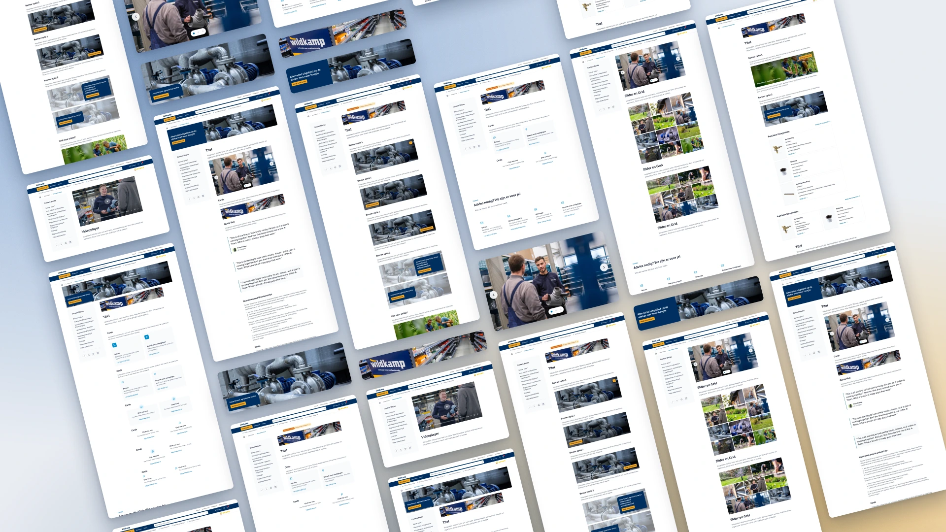 A wall of Wildkamp content pages built from the new blocks: banners, steps, timelines, quotes, tables and forms