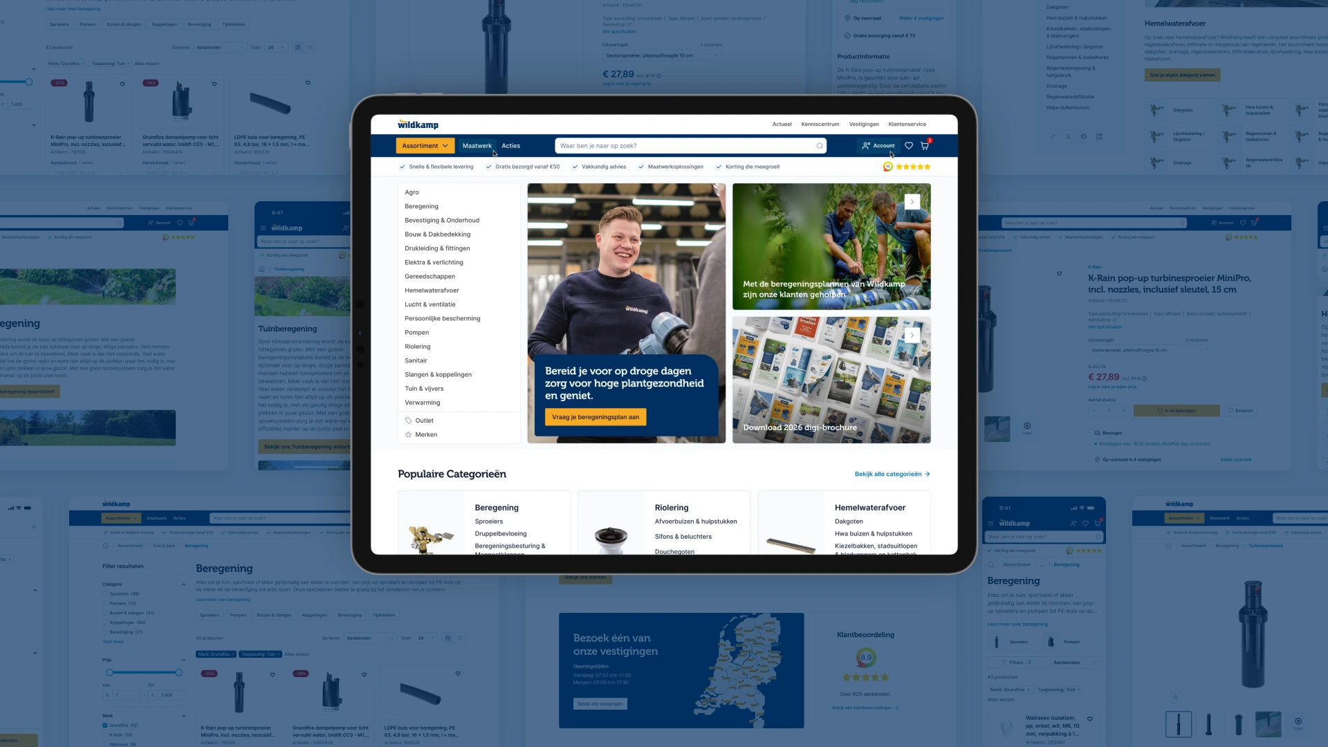 Wildkamp homepage on a tablet: the category menu, a hero about irrigation plans and the popular categories, over a dimmed collage of the new listing, product and content pages