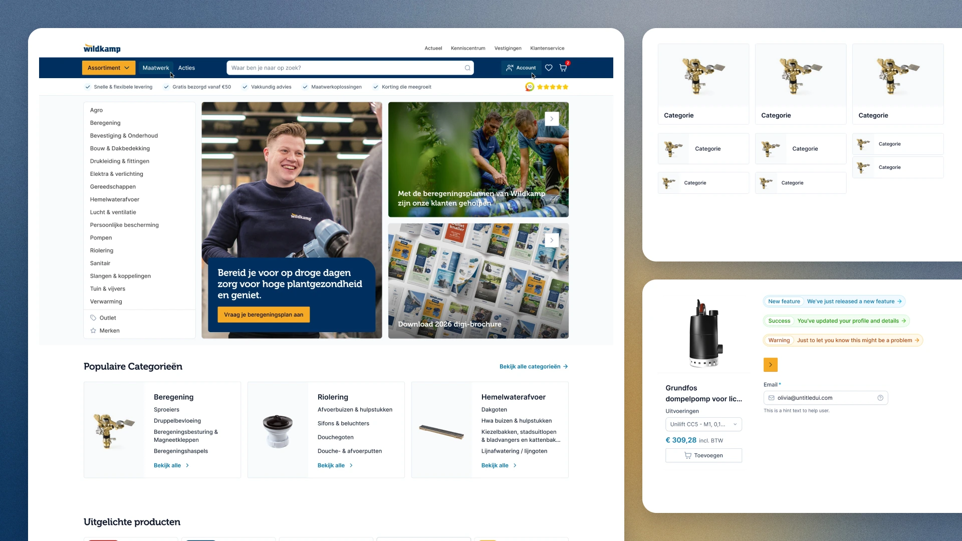Wildkamp homepage with the category menu, two hero banners and the popular categories, next to the category tiles and a product card from the design system