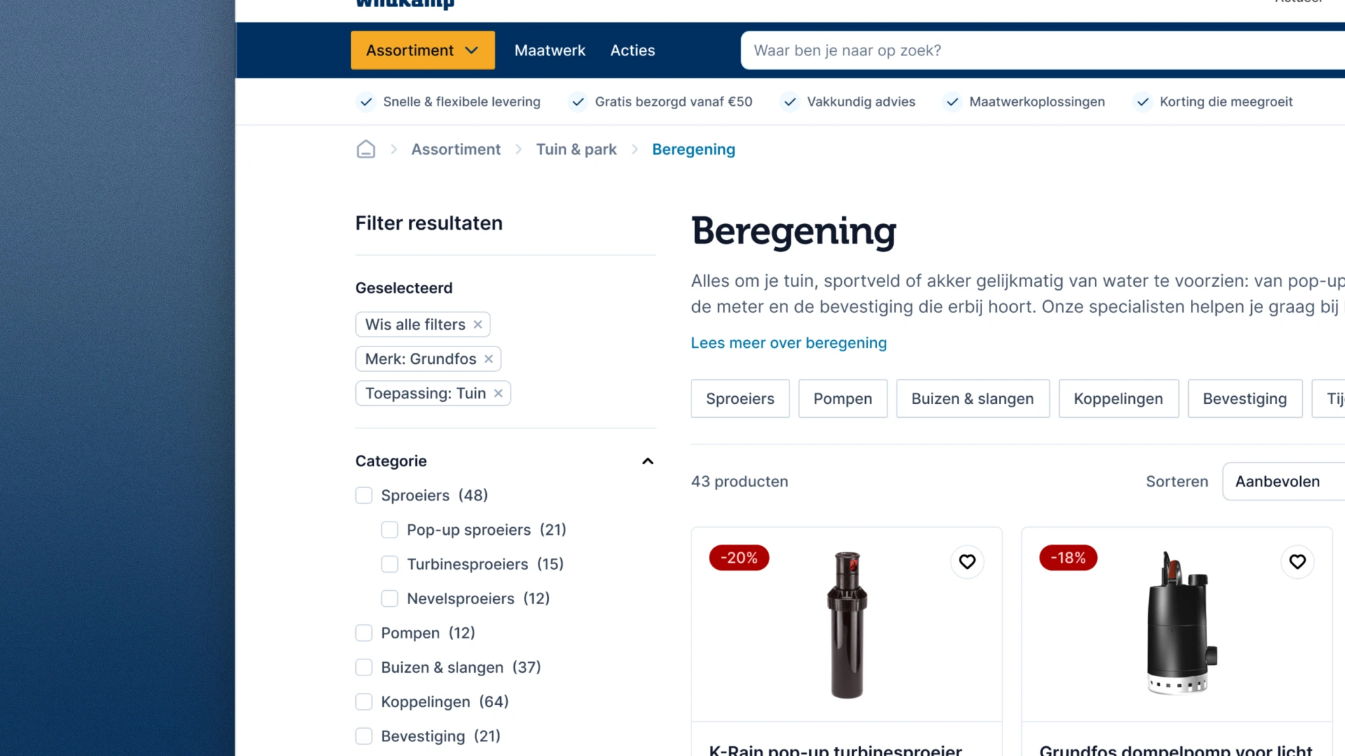 Intershop-friendly listing: the active filters Merk: Grundfos and Toepassing: Tuin listed in the sidebar under Geselecteerd, above the category filters