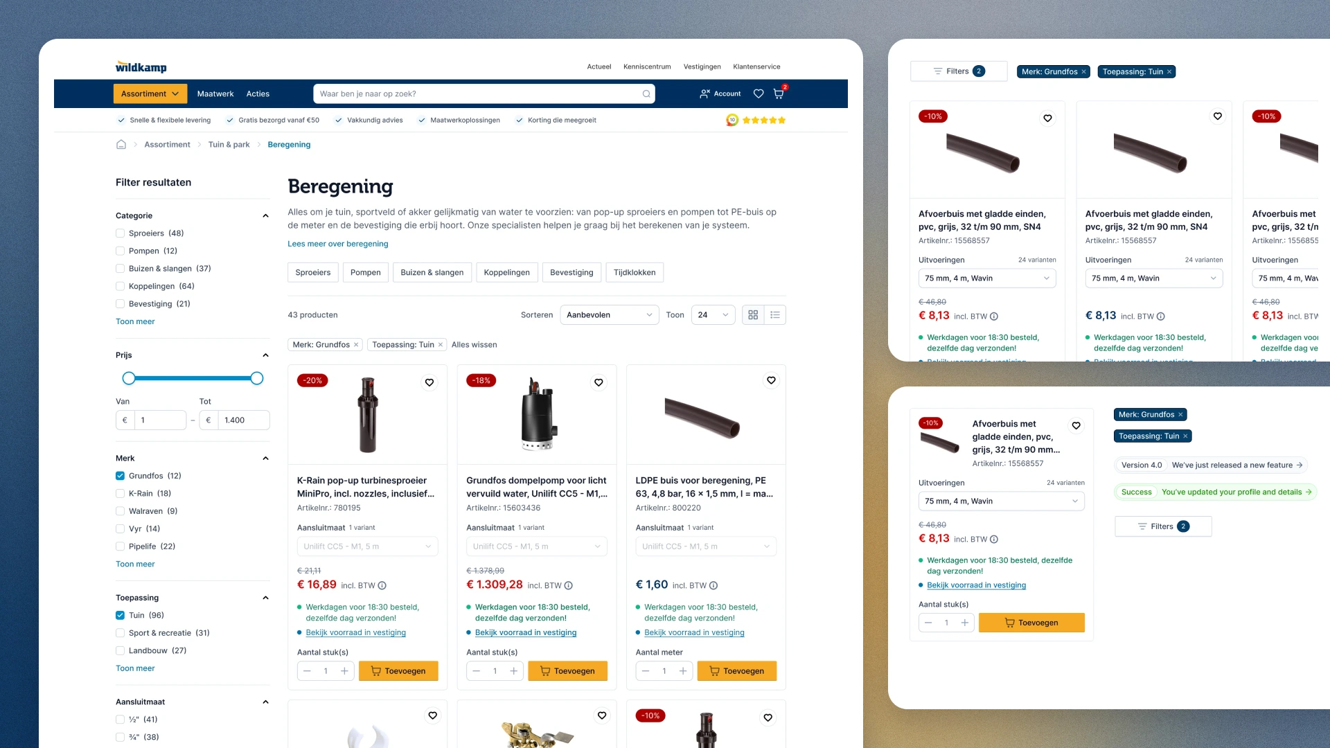Beregening listing: filters on the left with a price slider and brand checkboxes, chips for the active filters, and product cards with discount labels, stock lines and a quantity field, next to cards in list view