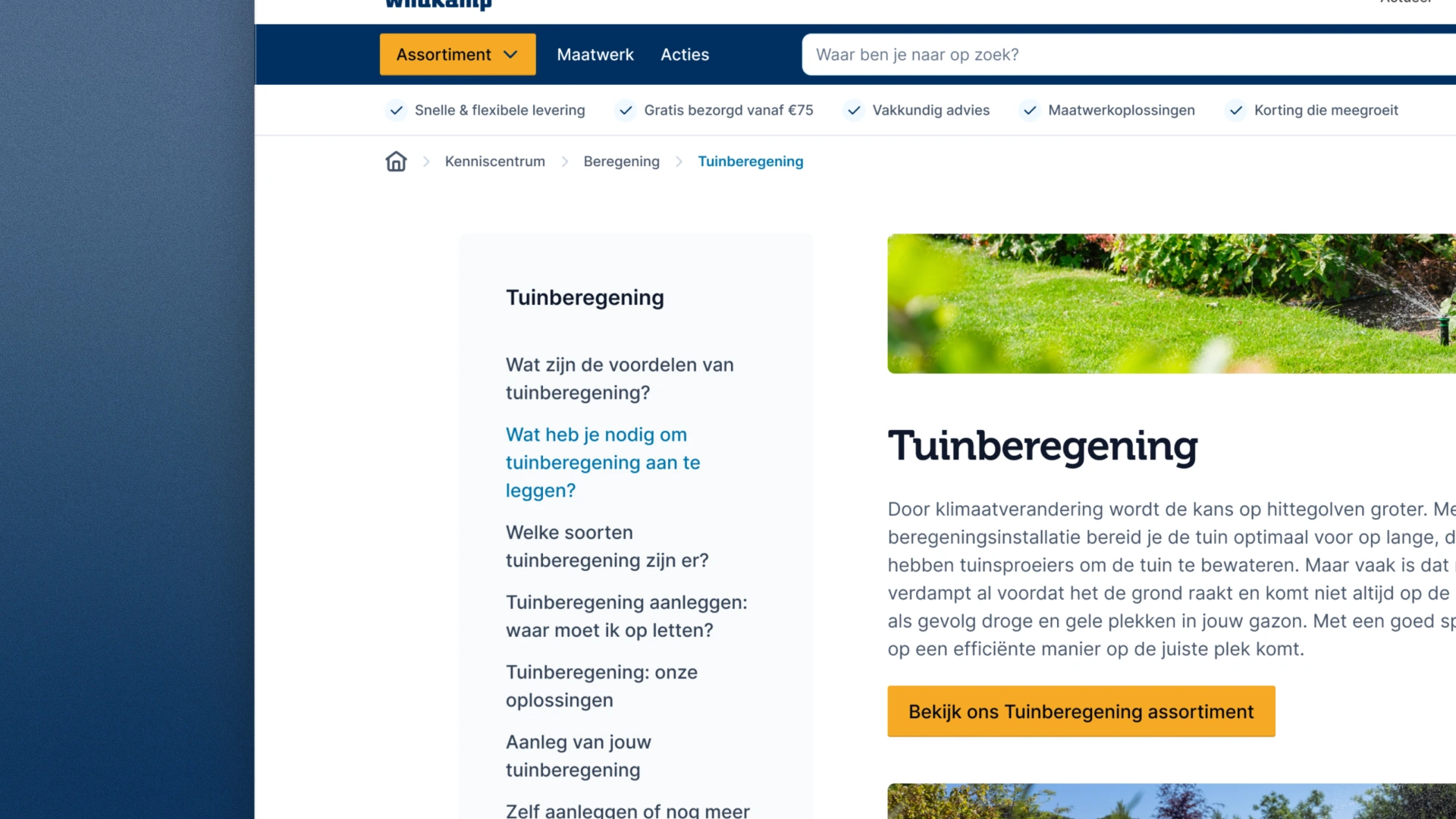 Tuinberegening page in the new style: a sidebar of questions about garden irrigation, a photo of a sprinkler on a lawn, and an intro with a button to the irrigation range