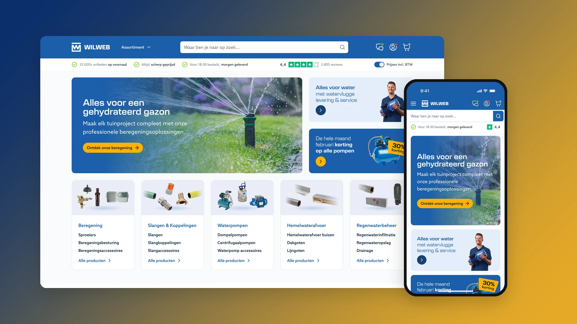 Homepage van Wilweb op een laptop en een telefoon: een zoekbalk over de header, een hero over beregening voor een groen gazon, twee banners en categoriekaarten voor beregening, slangen, waterpompen, hemelwaterafvoer en regenwaterbeheer