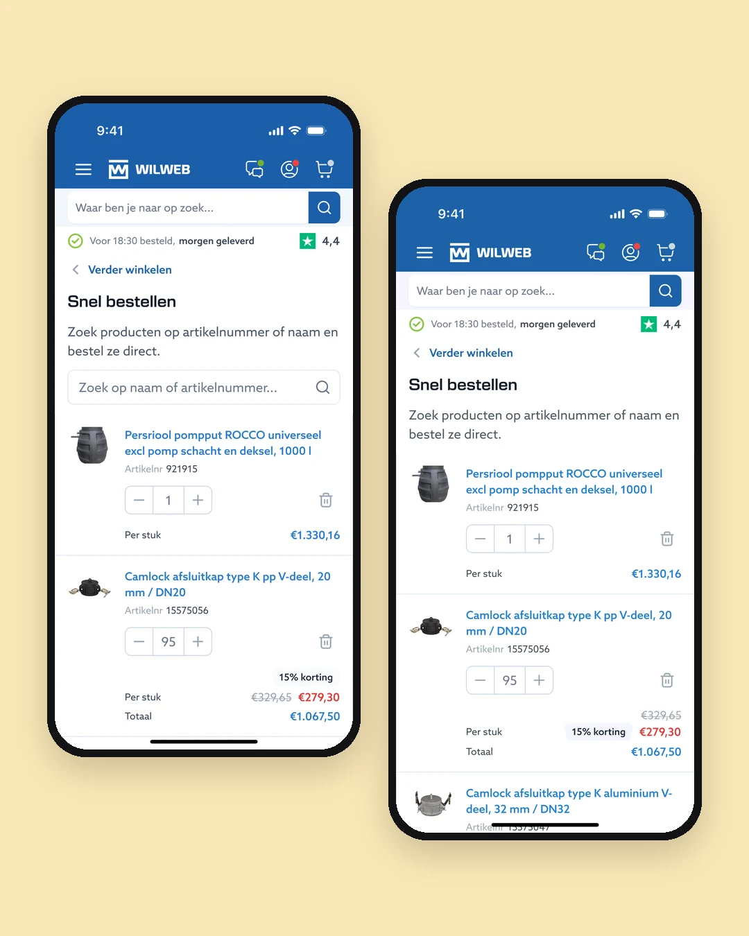 Twee telefoons met de snelbestellijst in twee layouts: elke regel met aantal, stuksprijs en totaal, de korting naast de prijs of erboven