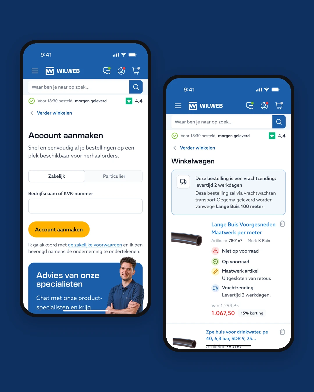 Twee telefoons: links de zakelijke registratie met een veld voor bedrijfsnaam of KVK-nummer, rechts de winkelwagen met de vrachtbanner bovenaan en een maatwerkartikel dat niet retour kan