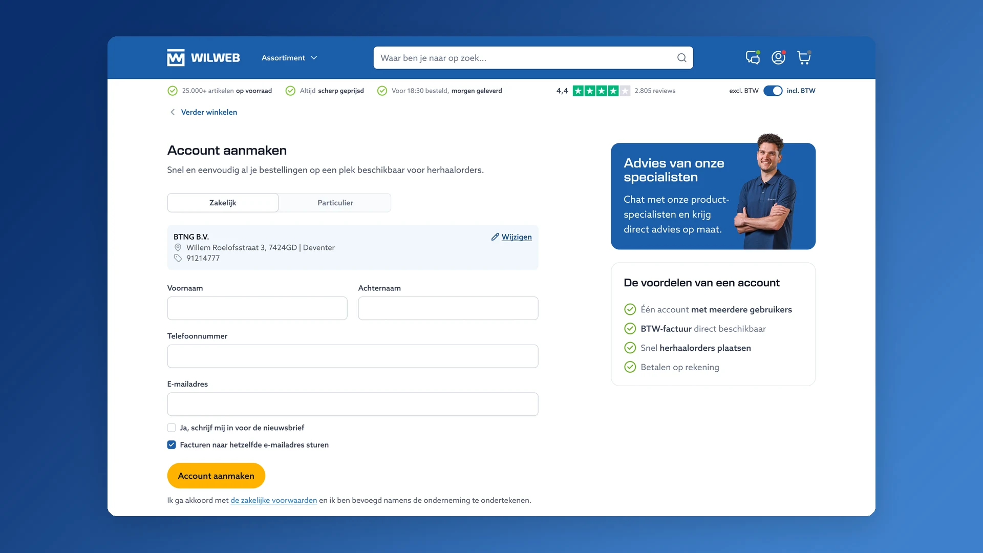 Account aanmaken: tabs voor Zakelijk en Particulier, het bedrijf uit het KVK-register met zijn adres, velden voor voornaam, achternaam, telefoon en e-mail en een gele knop om het account aan te maken, naast de voordelen van een account