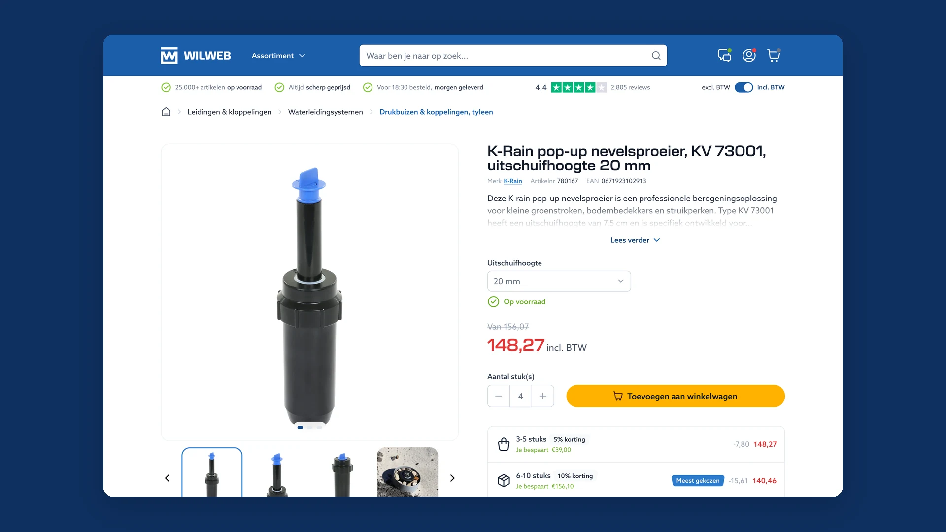 Productpagina van een K-Rain pop-up nevelsproeier: de prijs, het aantal en de knop voor de winkelwagen, daaronder de staffels 3 tot 5 stuks met 5% en 6 tot 10 stuks met 10% korting, elk met wat je bespaart